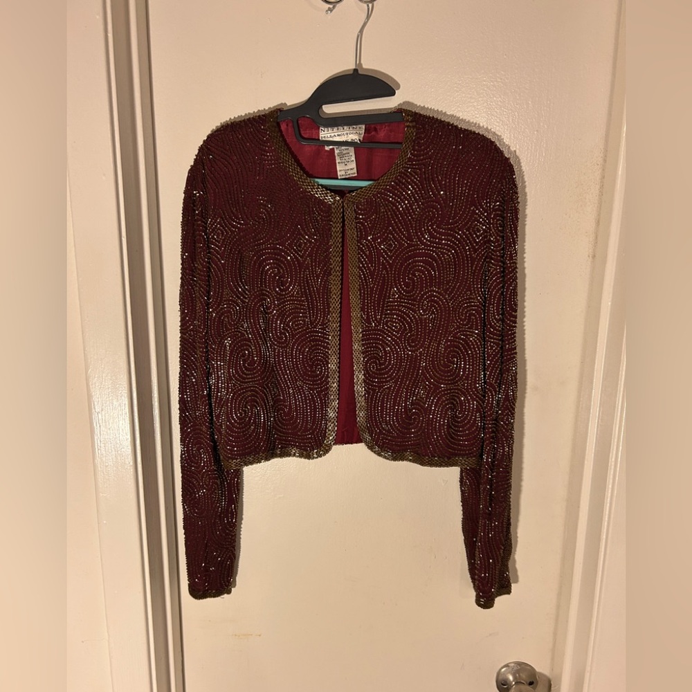 Niteline Della Roufogali SILK Wine/ Gold BEADED CROPPED EVENING JACKET! - Picture 12 of 15